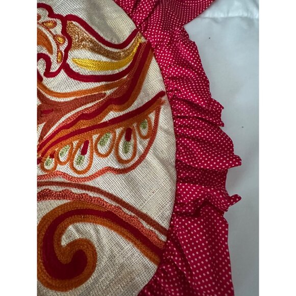 VTG Pier 1 Round Boho Ruffle Pillow Set Red Polka Dot Embroidered Floral Design - Picture 12 of 16